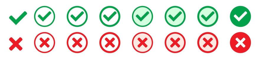 Right or wrong icons. Green tick and red cross checkmarks in circle flat icons. Yes or no symbol, approved or rejected icon. vector