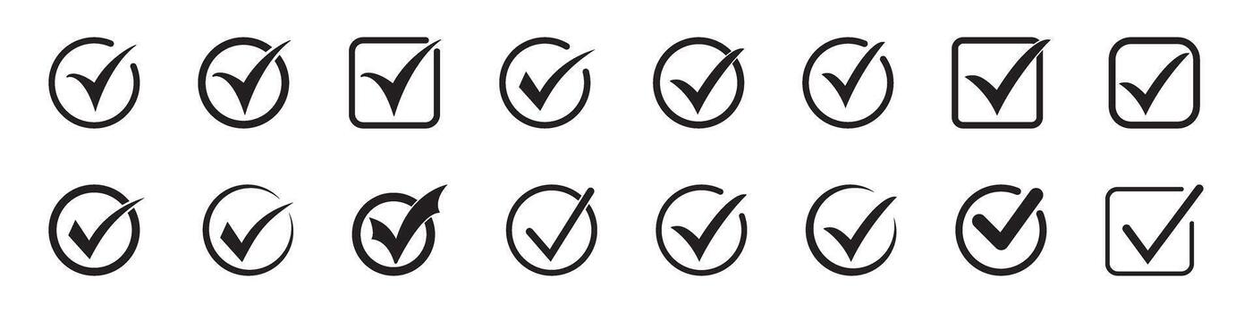 garrapata icono símbolo, marca de verificación, comprobado icono o correcto elección firmar, cheque marca o caja pictograma. vector