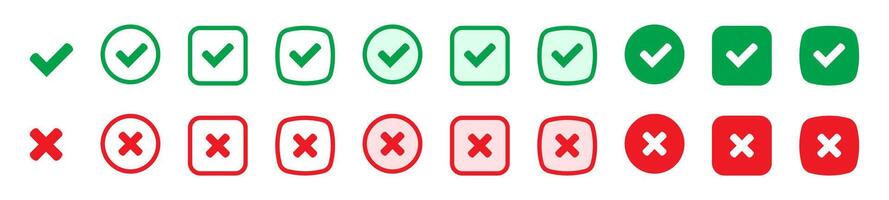 Green tick and red cross checkmarks flat icons. Yes or no symbol, approved or rejected icon for user interface. Right or wrong icons. vector