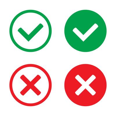 Green tick and red cross checkmarks in circle flat icons.