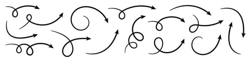 Set of Doodle Arrows. Curved and Twisted Hand Drawn Arrows. vector