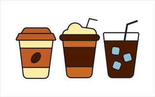 Three Stylized Coffee and Iced Drinks in Disposable Cups and a Glass vector