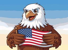 Patriotic Bald Eagle Holding American Flag with Smiling Expression. vector