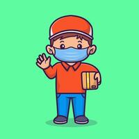Cute Courier Delivery Package with Mask And Waving Hand Cartoon vector