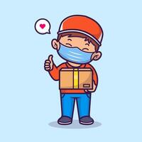 Cute Courier Delivery Package with Mask And Thumbs Up Cartoon vector
