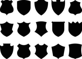 Various simple black shields in different shapes and designs representing protection and security vector