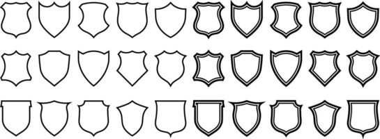 Set of thirty unique black line art shields in different shapes and designs vector