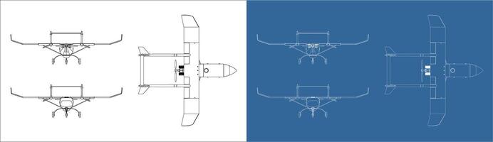 Set UAV military drone blueprint top, front and rear view isolated background vector