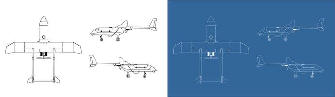 Set 3d blueprint UAV military drone isolated background vector