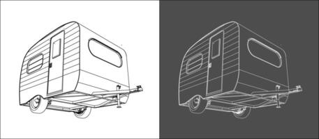 Isometric view Car Travel Recreational vehicle RV Trailer technical line drawing blueprint wireframe concept isolated background vector