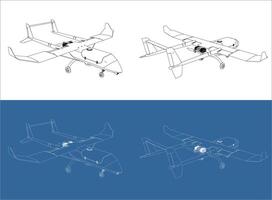 Isometric view UAV military drone technical drawing isolated background vector