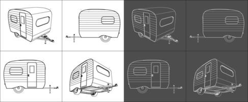 Set car Travel Recreational vehicle RV Trailer technical line drawing blueprint wireframe concept isolated background vector