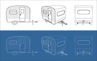 Car Travel Recreational vehicle RV Trailer technical line drawing blueprint wireframe concept isolated background vector