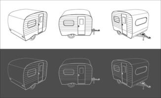 Set Trailer RV Travel Recreational vehicle travel car technical line drawing blueprint wireframe concept isolated background vector