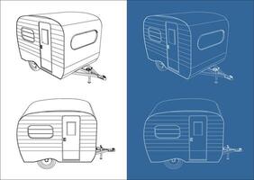 Trailer RV Travel Recreational vehicle travel car technical line drawing blueprint wireframe concept isolated background vector