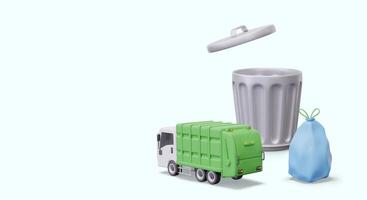 Realistic garbage truck, metal container, tied garbage bag. composition vector