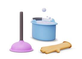 Realistic plunger, plastic bucket with soap foam, rubber glove vector