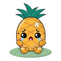 Sad And Crying Pineapple Cartoon Character With Wound On His Body Sitting On The Green Grass vector