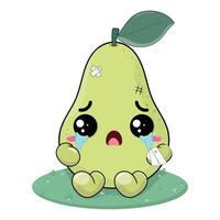 Sad And Crying Pear Cartoon Character With Wound On His Body Sitting On The Green Grass vector