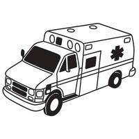 An ambulance is shown in black and white vector