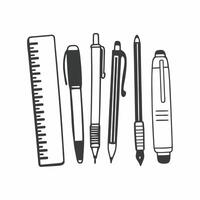 A set of pens, pencils and ruler on a white background vector