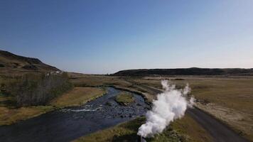 Iceland views. A river flows through a grassy field with a few trees in the background video