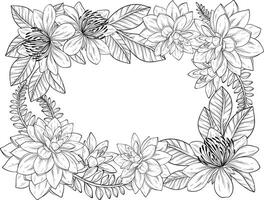 A outline illustration of a succulent floral frame featuring a variety of blooming flowers and lush leaves arranged in a decorative border vector