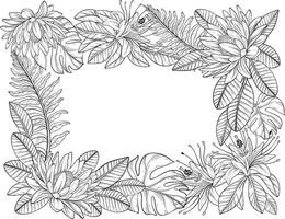A outline illustration of a tropical floral frame with flowers and lush leaves arranged around the border vector