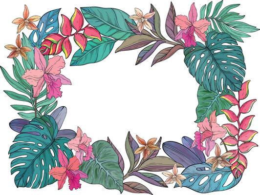 A detailed illustration of a tropical floral frame featuring orchids, heliconias, plumerias, and lush monstera leaves surrounding a white center