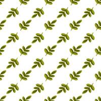 Seamless Green Leaf Branch Pattern. Simple green botanical sprigs with oval leaves on white background. Flat cartoon seamless repeat design. vector