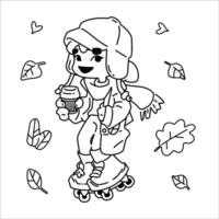 Autumn Roller Character Coloring Page. Outline drawing of a child in autumn outfit roller skating with drink in hand, surrounded by falling leaves. Black and white cartoon coloring page. vector