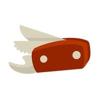 Cartoon Camping Multi Tool Icon. Flat cartoon illustration of a folding multi-tool with blade, saw and opener. Brown-red handle, isolated on white background. vector