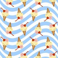 Seamless Cartoon Ice Cream Pattern. Cute waffle cones with vanilla and strawberry scoops topped with cherry on a wavy blue and white background. Flat cartoon seamless repeat design. vector