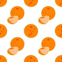 Seamless Cartoon Orange Fruit Pattern. Bright flat pattern with whole and halved oranges on white background. Flat cartoon seamless citrus fruit design. vector