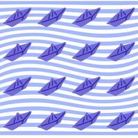 Seamless Paper Boat Summer Pattern. Purple paper boats floating on wavy blue and white striped background. Flat cartoon seamless repeat design. vector