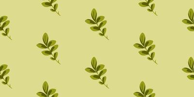 Seamless Olive Green Leaf Pattern. Simple green botanical branches with oval leaves on a soft yellow background. Flat cartoon seamless repeat design. vector