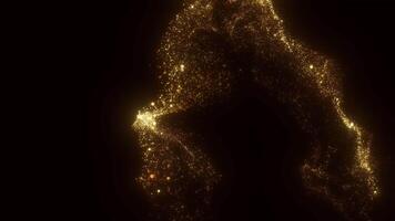 A mesmerizing display of shimmering golden particles forming a dynamic and abstract cloud against a deep black backdrop exuding an aura of luxury and enchantment. video