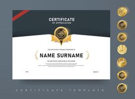 Elegant certificate template with dark gray background golden award emblem and editable layout suitable for recognition or professional use vector