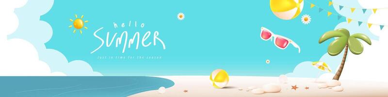 Summer beach scene with palm and beach accessories vector