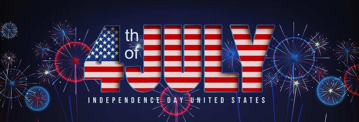 Bold 4th of July typography filled with USA flag colors on a dark background with fireworks, perfect for Independence Day celebration graphics or digital greeting cards.