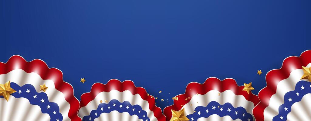 Red white and blue ribbon with golden stars on blue background, ideal for USA Independence Day banners, cards, or patriotic designs.