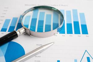 Magnifying glass on charts graphs paper. Financial development, Banking Account, Statistic, Investment Analytic research data economy. photo