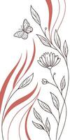 Line art of a flower with petals and leaves, with a butterfly on the upper left corner, and some red grass in a white background vector