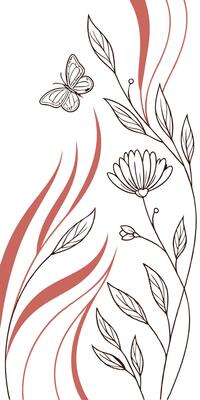 Line art of a flower with petals and leaves, with a butterfly on the upper left corner, and some red grass in a white background