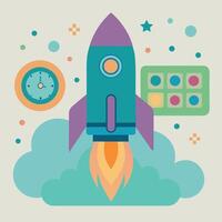 rocket launchpad and countdown icons, mission liftoff theme vector