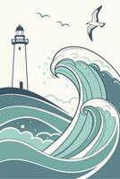 A lighthouse on a hill with stylized waves and a seagull in the sky, all in shades of blue and white vector