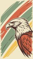 An eagle head with a retro style and a background with diagonal stripes in green, yellow, and red colors vector