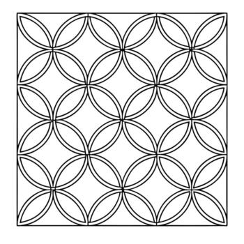 un geométrico modelo de superposición círculos en un cuadrado red, negro líneas en un blanco fondo, minimalista diseño, simétrico composición, Clea vector