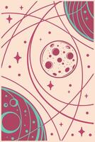 A moon with craters and stars, surrounded by curved lines, in a space background with planets and constellations, minimalist style, flat design vector