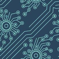 Seamless pattern of circuit board with blue lines and circles on a dark blue background vector
